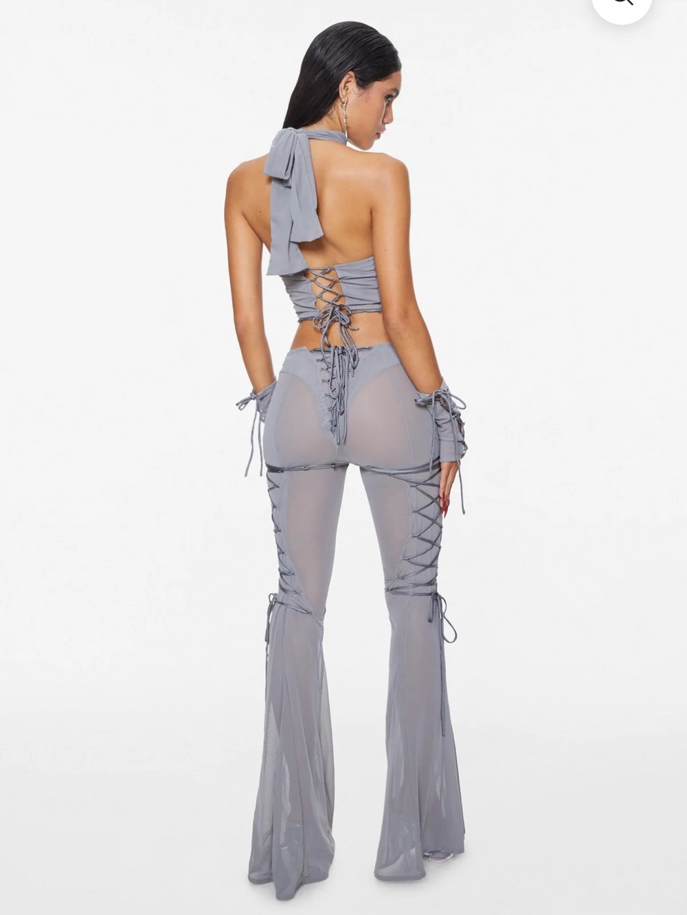 Sheer Lace-Up Flare Jumpsuit - Gray